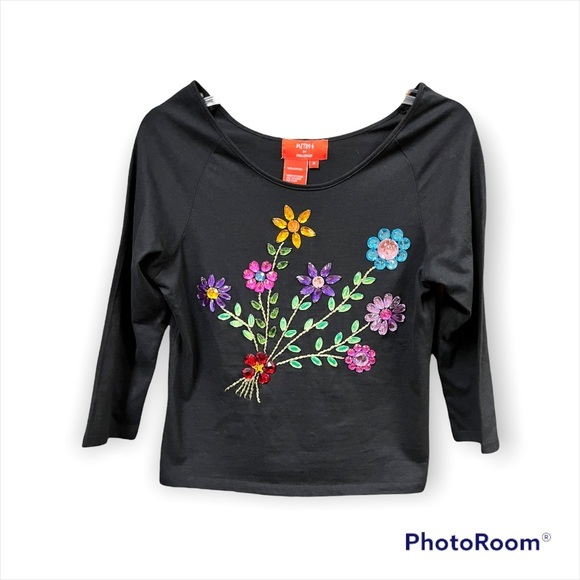 Metro 6 Nina Leonard Black Scoop Neck Floral Jeweled 3/4 Sleeve Top Size Medium - Picture 4 of 8